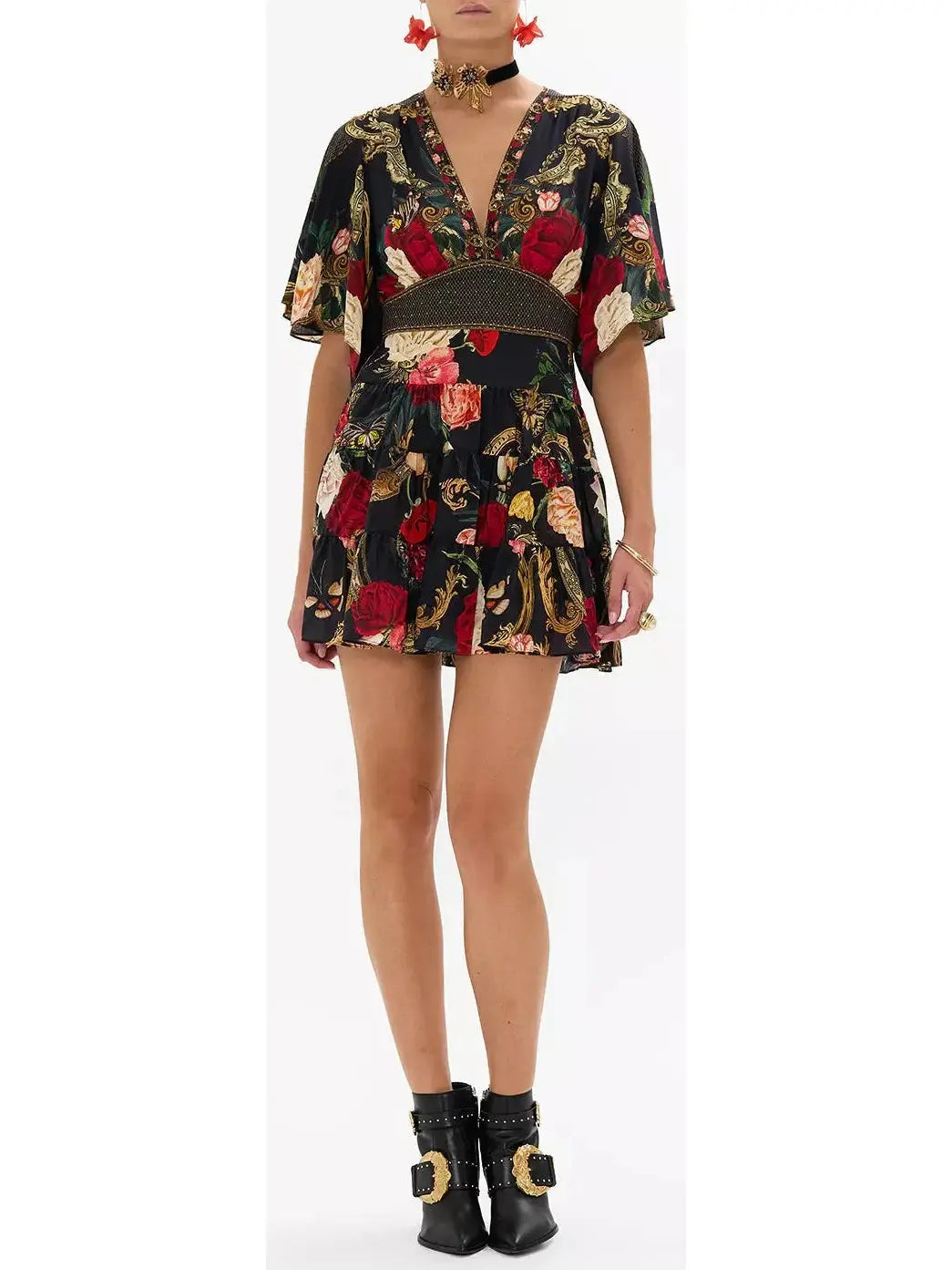 Floral Printed V-Neck Silk Mini Dress Fashionable Lace Mini Dress