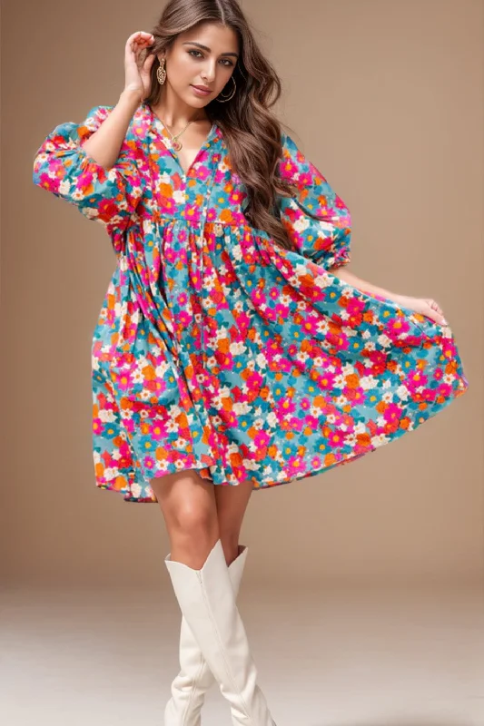 Floral Tie Neck Puff Sleeve Mini Dress Fashionable Off-Shoulder Mini Dress