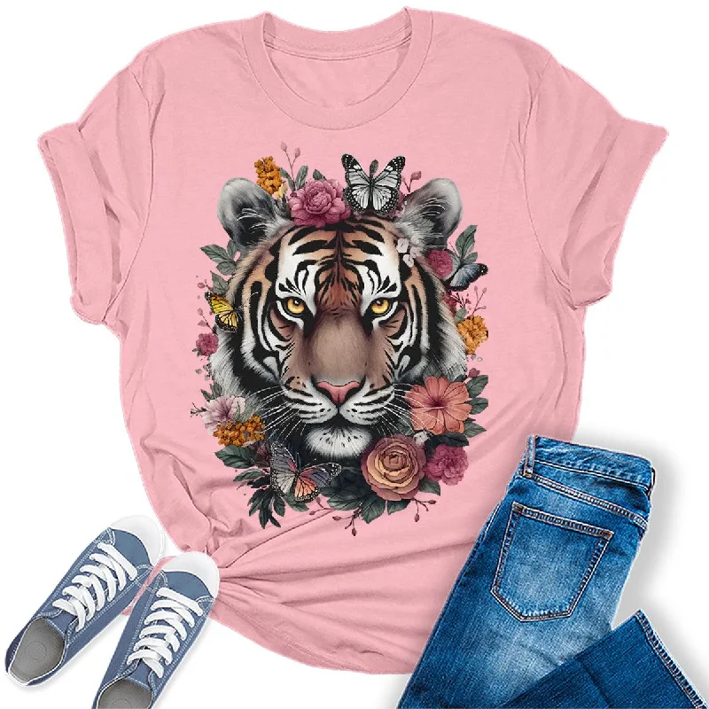 Floral Tiger Face Animal Graphic Tees For Women Print Jacquard Patchwork