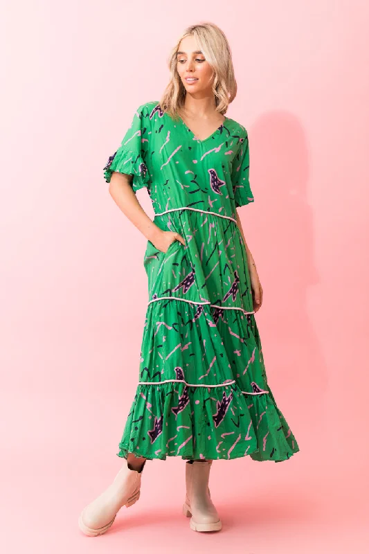 Fox Midi Dress Green Elegant Lace Trim Midi Dress