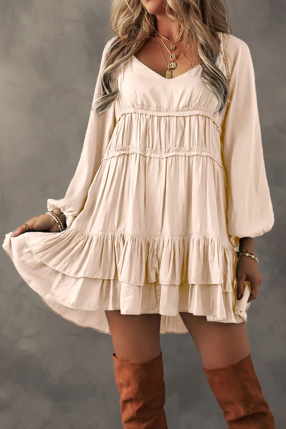 Frill Ruffled V-Neck Long Sleeve Mini Dress Stylish Short-Sleeve Mini Dress