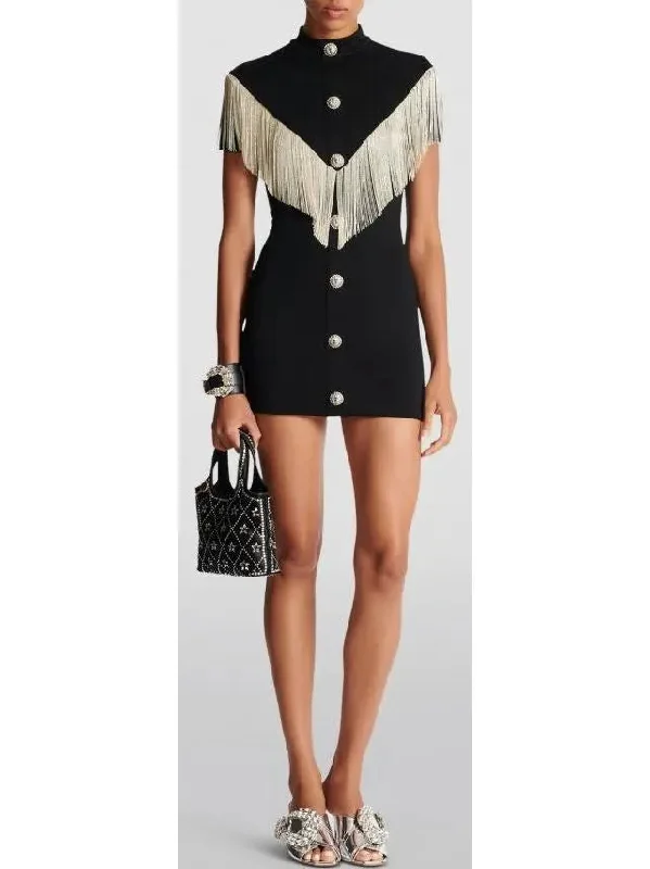 Fringe-Trim Mini Dress Classic Casual Mini Dress