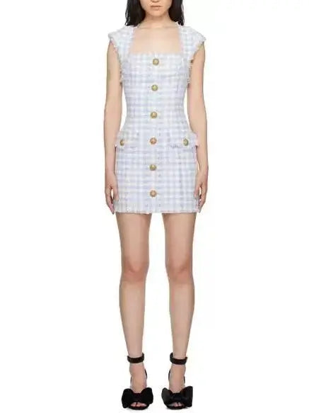 Gingham Tweed Mini Dress Stylish Spaghetti Strap Mini Dress