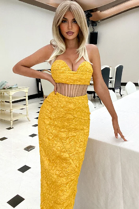 Glamorous Floral Jacquard Strapless Corset Cocktail Midi Dress - Yellow Trendy Smocked Detail Midi Dress