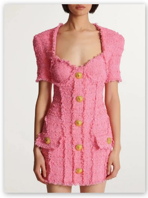 Gold-Buttoned Pink Tweed Short-Sleeve Mini Dress Fashionable Mini Dress with Frills