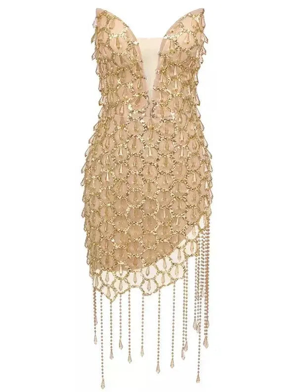 Gold Jewel and Chain Fringe Mini Dress Cozy Jersey Mini Dress