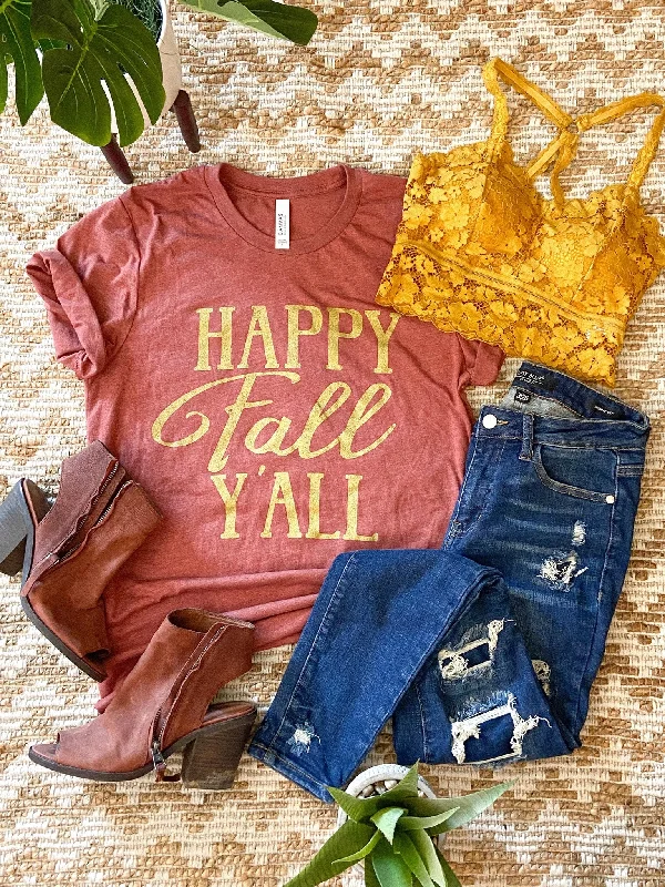 Happy Fall Y'all Metallic Gold Lettering Graphic Tee Anti-Pilling Machine Wash Handmade