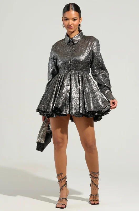 THE IT GIRL SILVER METALLIC MINI DRESS Trendy Wraparound Mini Dress