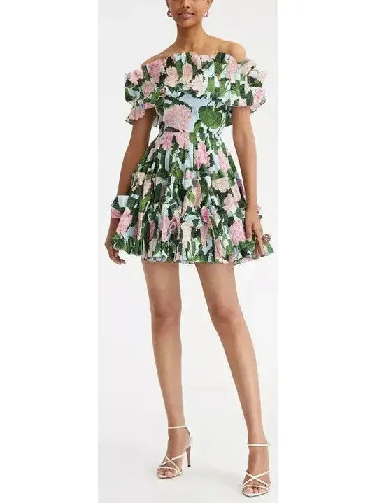 Hydrangea Off Shoulder Mini Dress Comfortable Fit-and-Flare Mini Dress