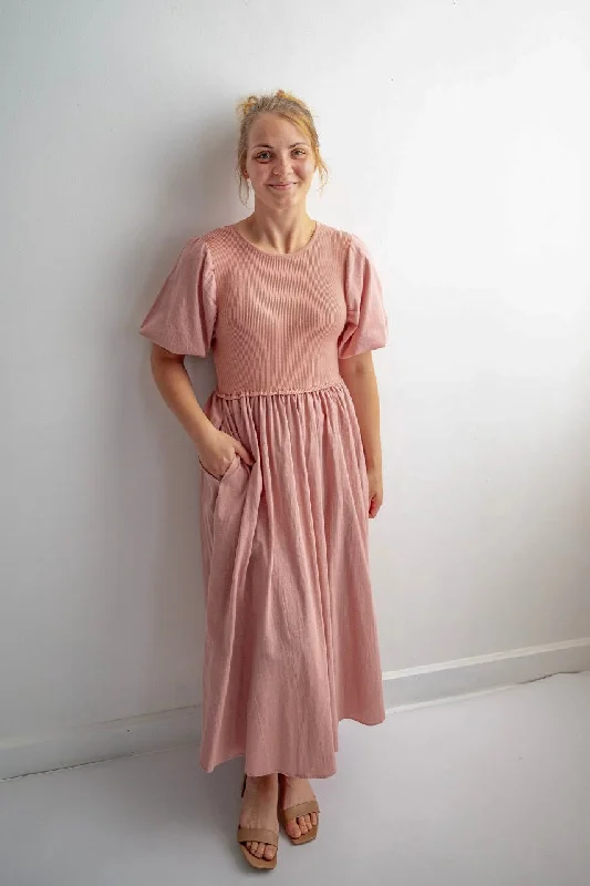 Terra Cotton Midi Dress in Dusty Peach - Final Sale Elegant Pleated Detail Midi Dress