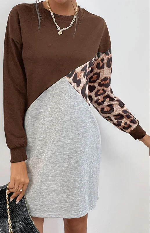 Blue Zone Planet |  Ladies Patchwork Crew Neck Long T-Shirt Leopard Print Sweater Dress Collared Crew Neck Turtle Neck