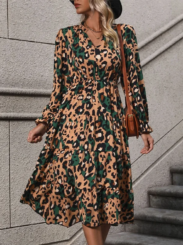 Leopard Notched Flounce Sleeve Midi Dress Cozy Spaghetti Strap Midi Dress