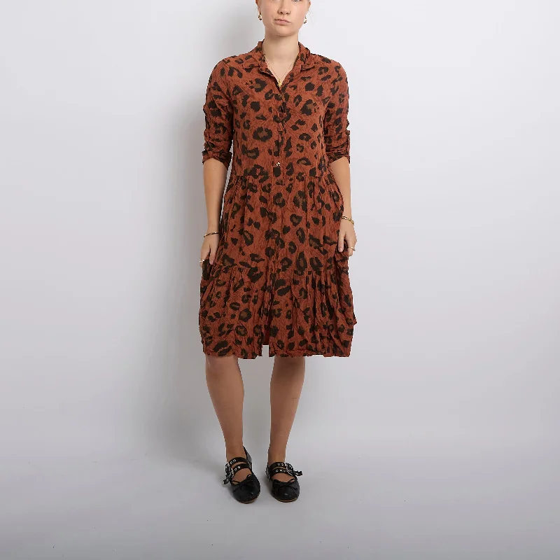 Leopard Print Tiered Shirt Midi Dress-UK 10 Elegant Pleated Sleeve Midi Dress