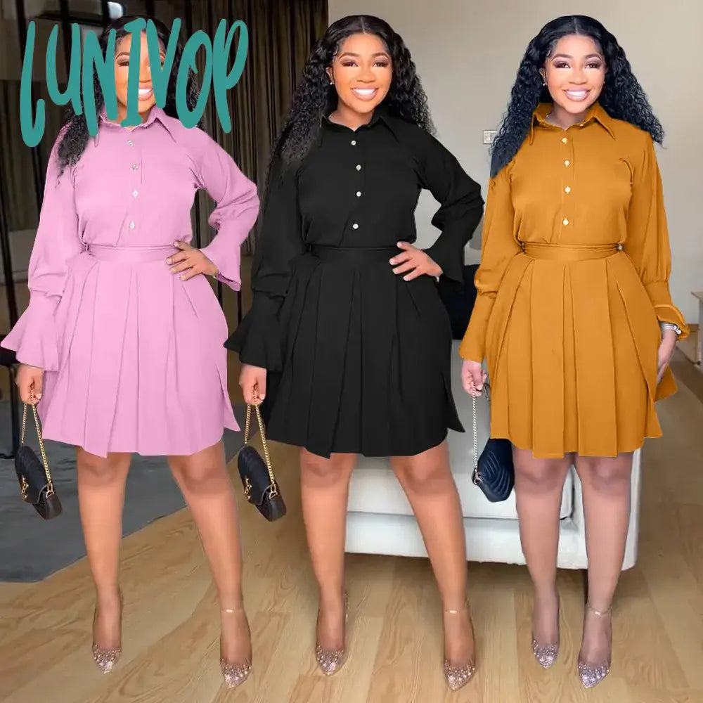 Lunivop Autumn  Women Fashion A-line Dress Woman Blouses Lapel Flare Sleeves Pleated Dresses Elegant Belted Party Midi Dresses Comfortable Lace-Up Midi Dress