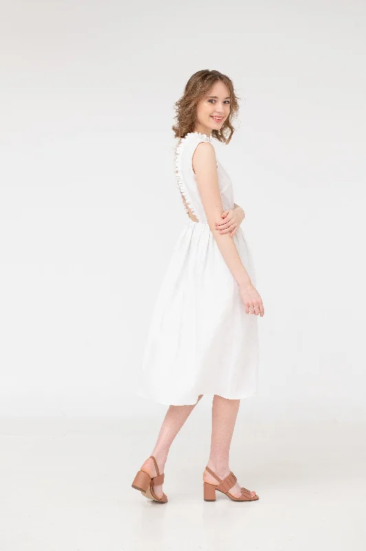 Mabel – Ruffled Open Back Linen Midi Dress Comfortable Draped Midi Dress