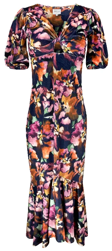 MISA Wallis Velvet Floral Midi Dress in Navy Multi Trendy Ruffle Hem Midi Dress