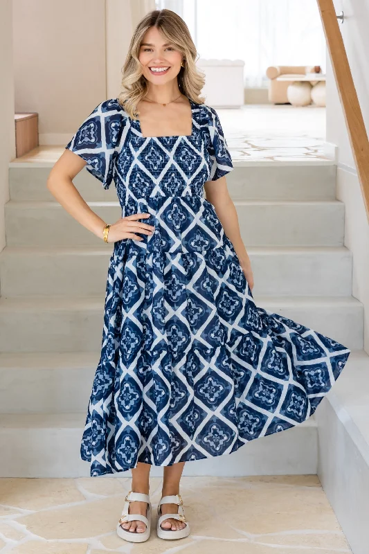 Monique Shirred Midi Dress Alara Print Navy Chic Lace Detail Midi Dress