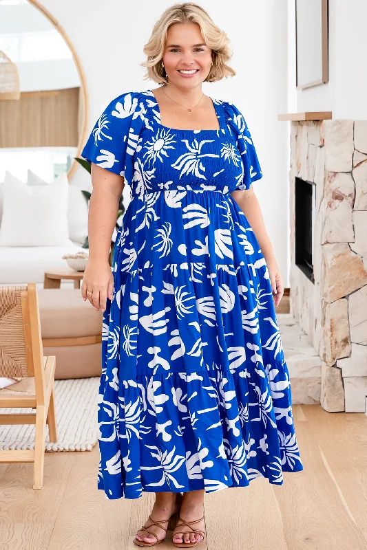 Monique Midi Dress Bora Print Blue Stylish Tiered Midi Dress