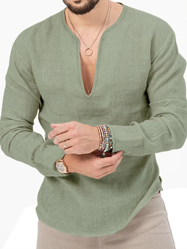 Men's Henry Long Sleeve T-Shirt Slim Fit Solid Color Large Size Deep V Neck Shirt Welt Pockets Slit Pockets Flap Pockets