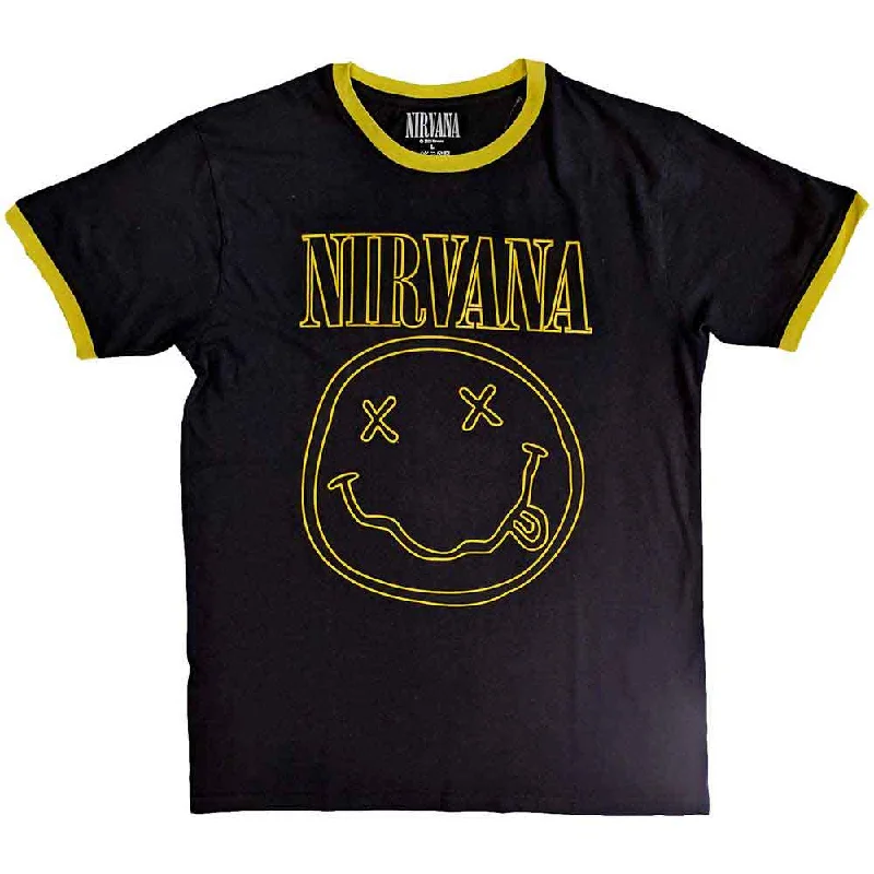 Nirvana | Official Band Ringer T-Shirt | Outline Happy Face Iron Safe Non-Iron Wrinkle Free