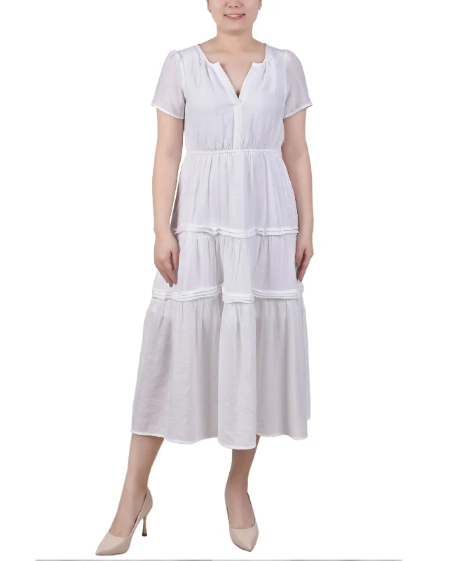 Petite Short Sleeve Tiered Midi Dress Comfortable Fit-and-Flare Midi Dress