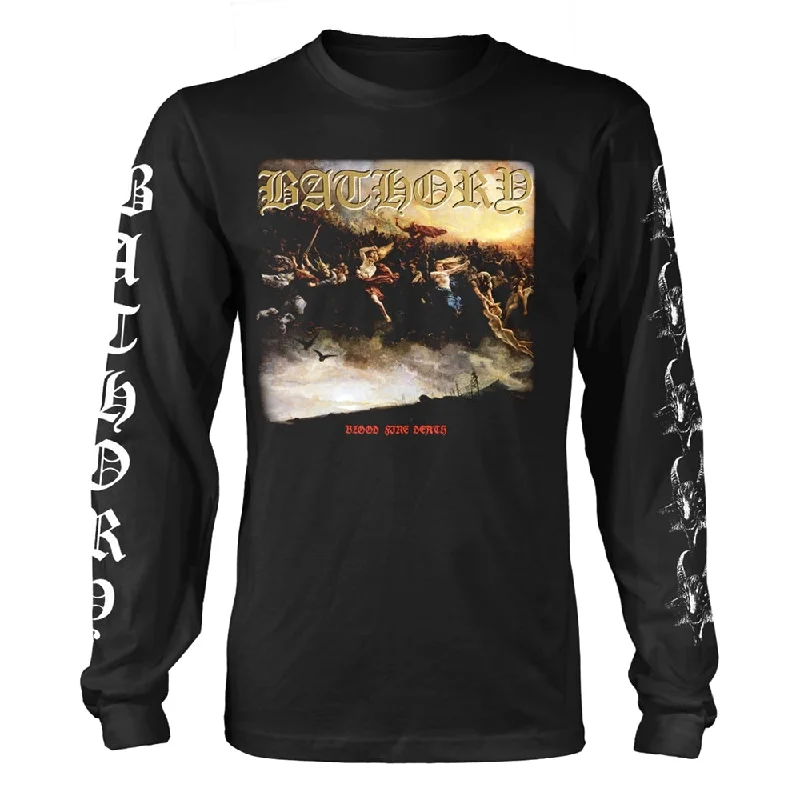 Bathory Unisex Long Sleeved T-shirt: Blood Fire Death 2 (back print) Beaded Sequined Faux Fur