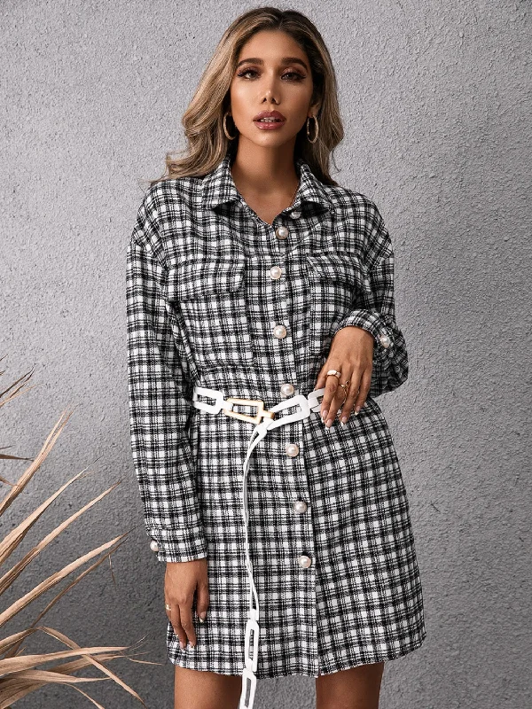 Pocketed Plaid Long Sleeve Mini Dress Trendy Denim Mini Dress