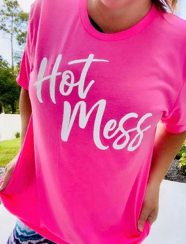 "Hot Mess" Neon Hot Pink Graphic Tee Terry Blend Velvet Blend Canvas Blend