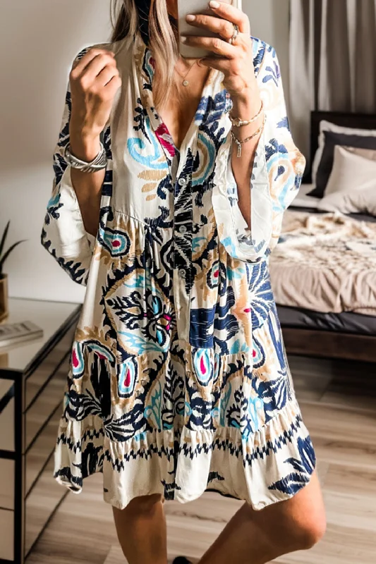 Printed Button Up Mini Dress Cozy Long Sleeve Mini Dress