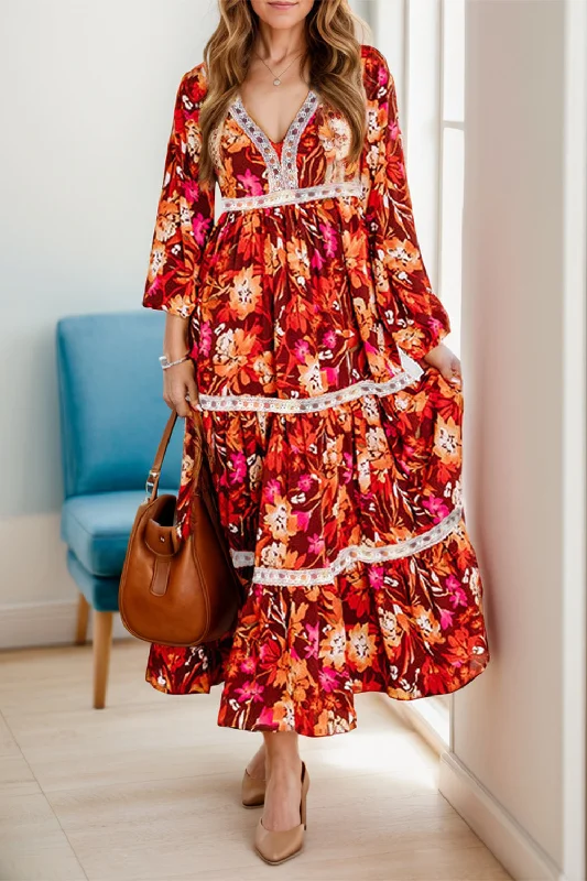 Printed V-Neck Long Sleeve Midi Dress Elegant Sleeveless Midi Dress