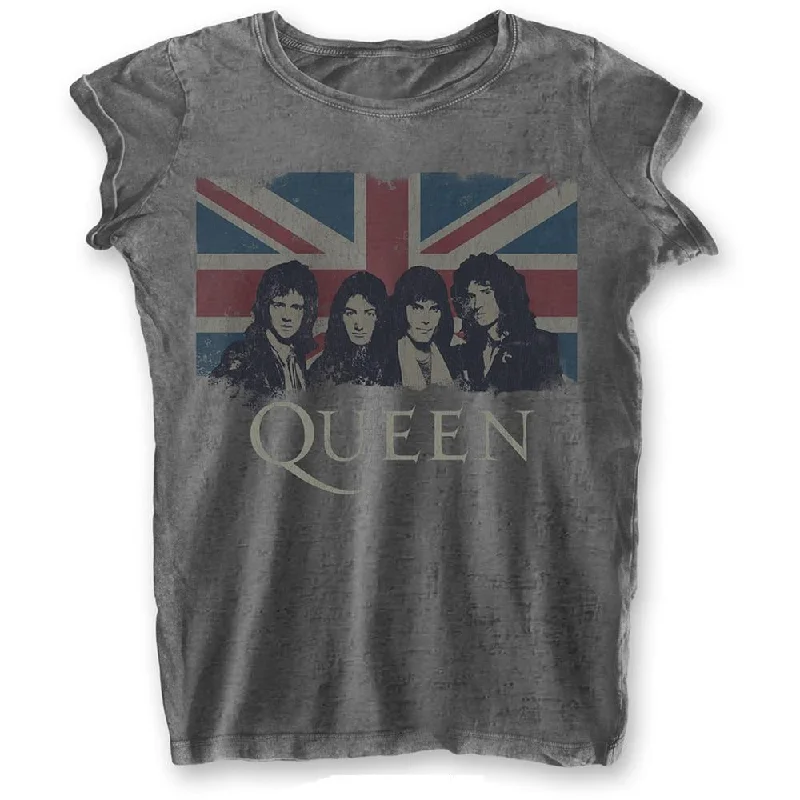 Queen Ladies T-Shirt: Vintage Union Jack (Burn Out) Nylon Fabric Polyester Fabric Spandex Fabric