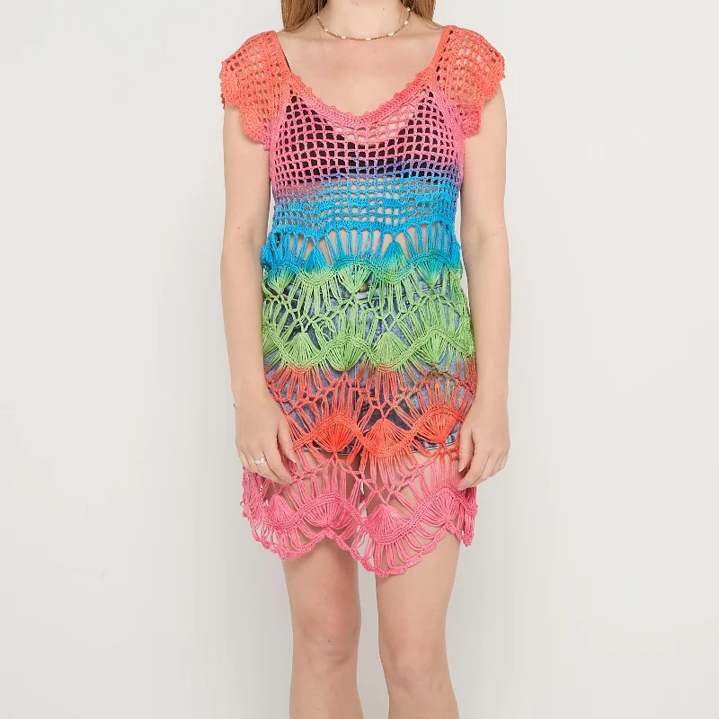 Rainbow Crochet Mini Dress - UK 8 Fashionable Pleated Mini Dress