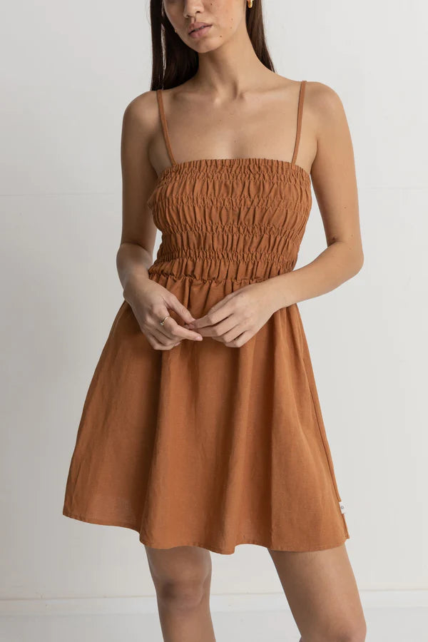 Rhythm Classic Shirred Mini Dress  - Caramel Elegant Mini Dress with Ruffles