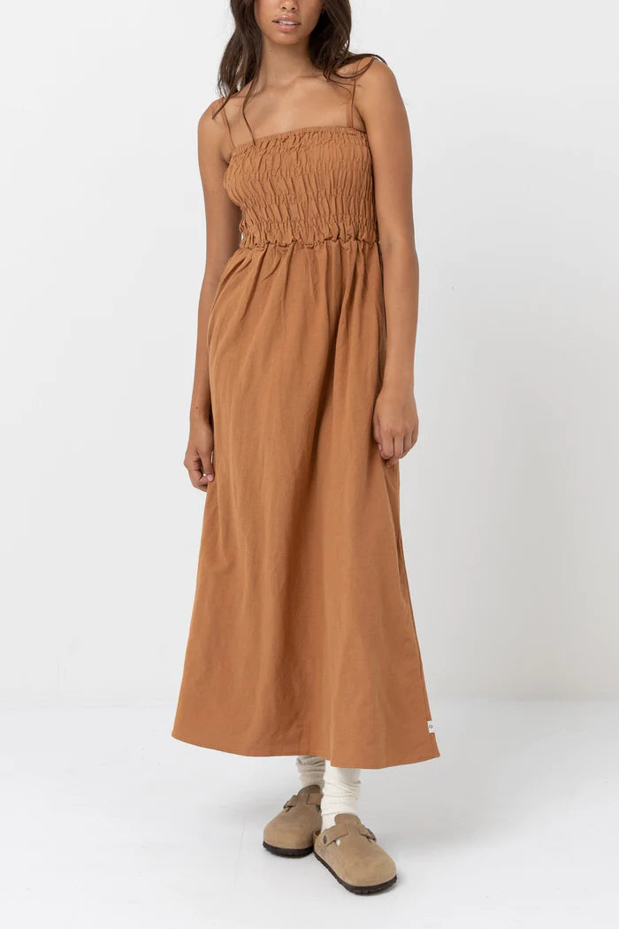 Rhythm Classic Shirred Midi Dress - Caramel Elegant Floral Midi Dress