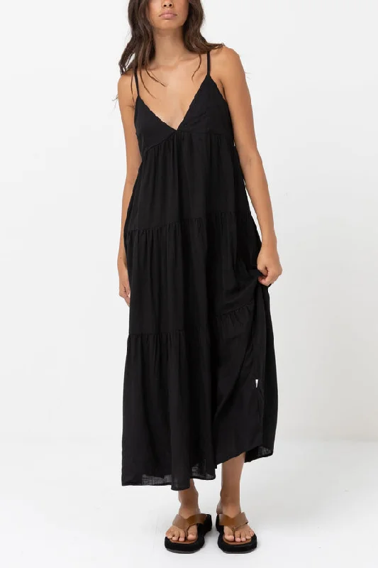 Rhythm Classic Tiered Midi Dress - Black Trendy Tiered Hem Midi Dress