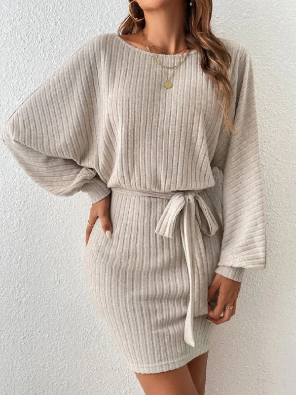 Round Neck Tie Waist Long Sleeve Mini Dress Fashionable A-Line Mini Dress