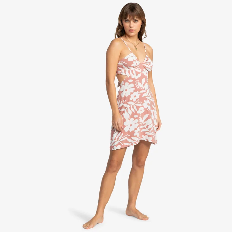 Roxy Riviera Nights Tie Back Mini Dress - Ash Rose Botanical Stencil Stylish Summer Mini Dress