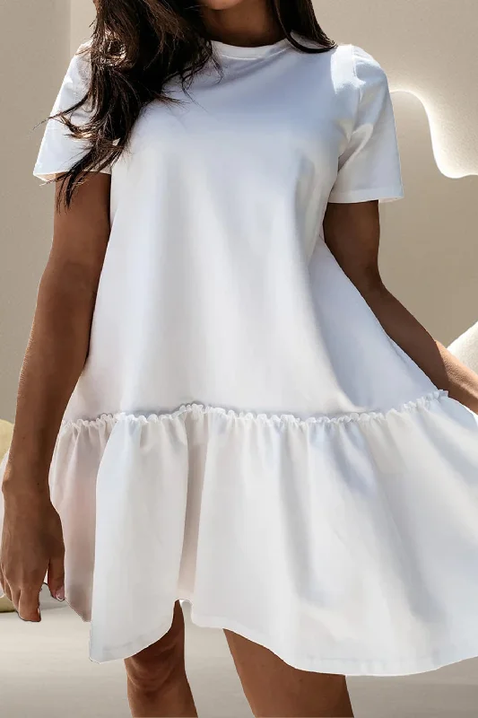 Ruffle Hem Round Neck Short Sleeve Mini Dress Elegant Mini Dress with Ruffles