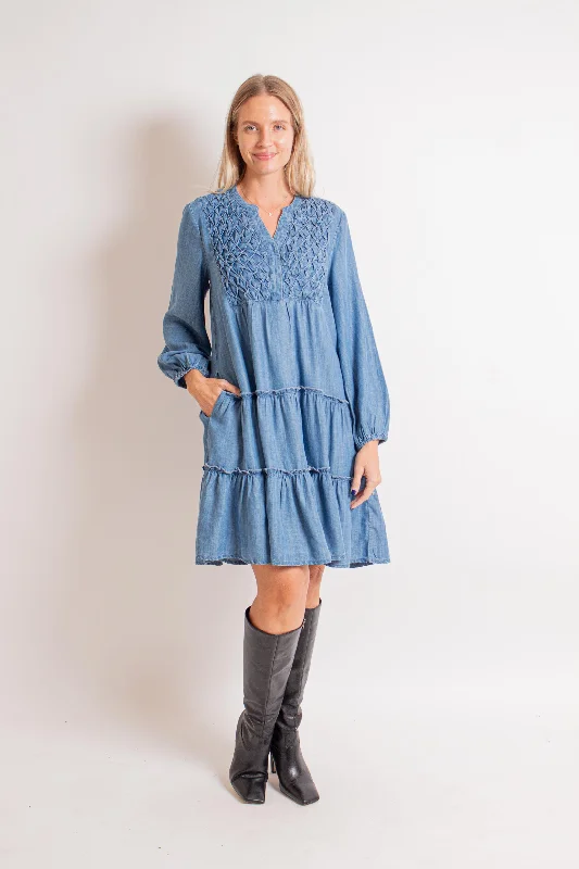 Denim Tencel Midi Dress Trendy Midi Dress with Belt