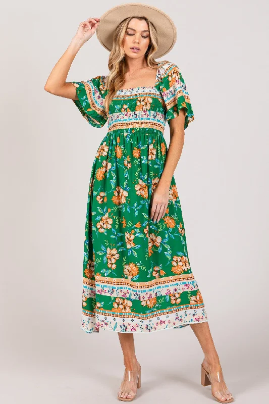 SAGE + FIG Printed Smocked Short Sleeve Midi Dress Comfortable Lace-Up Midi Dress