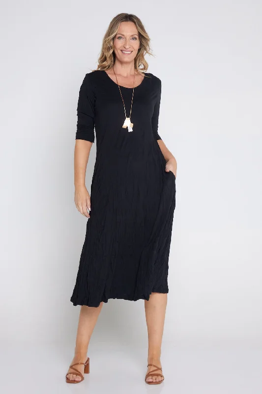 Sally Bamboo & Cotton Midi Dress - Black Cozy Midi Dress with Pockets