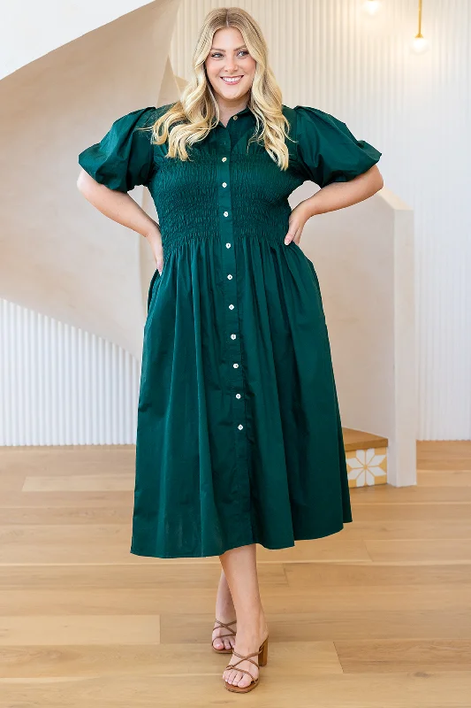 Samantha Midi Dress Dark Emerald Stylish Button-Up Midi Dress