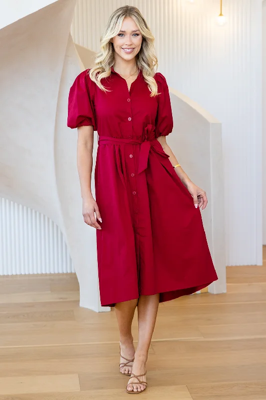 Shannon Midi Dress Deep Red Trendy Off-Shoulder Ruffle Midi Dress