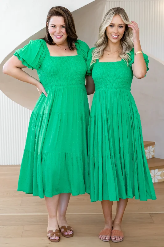 Shiloh Shirred Midi Dress Emerald Green Dobby Comfortable Fit-and-Flare Midi Dress