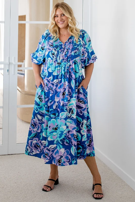 Shona Midi Dress Aruba Print Blue Elegant Maxi-Midi Hybrid Dress