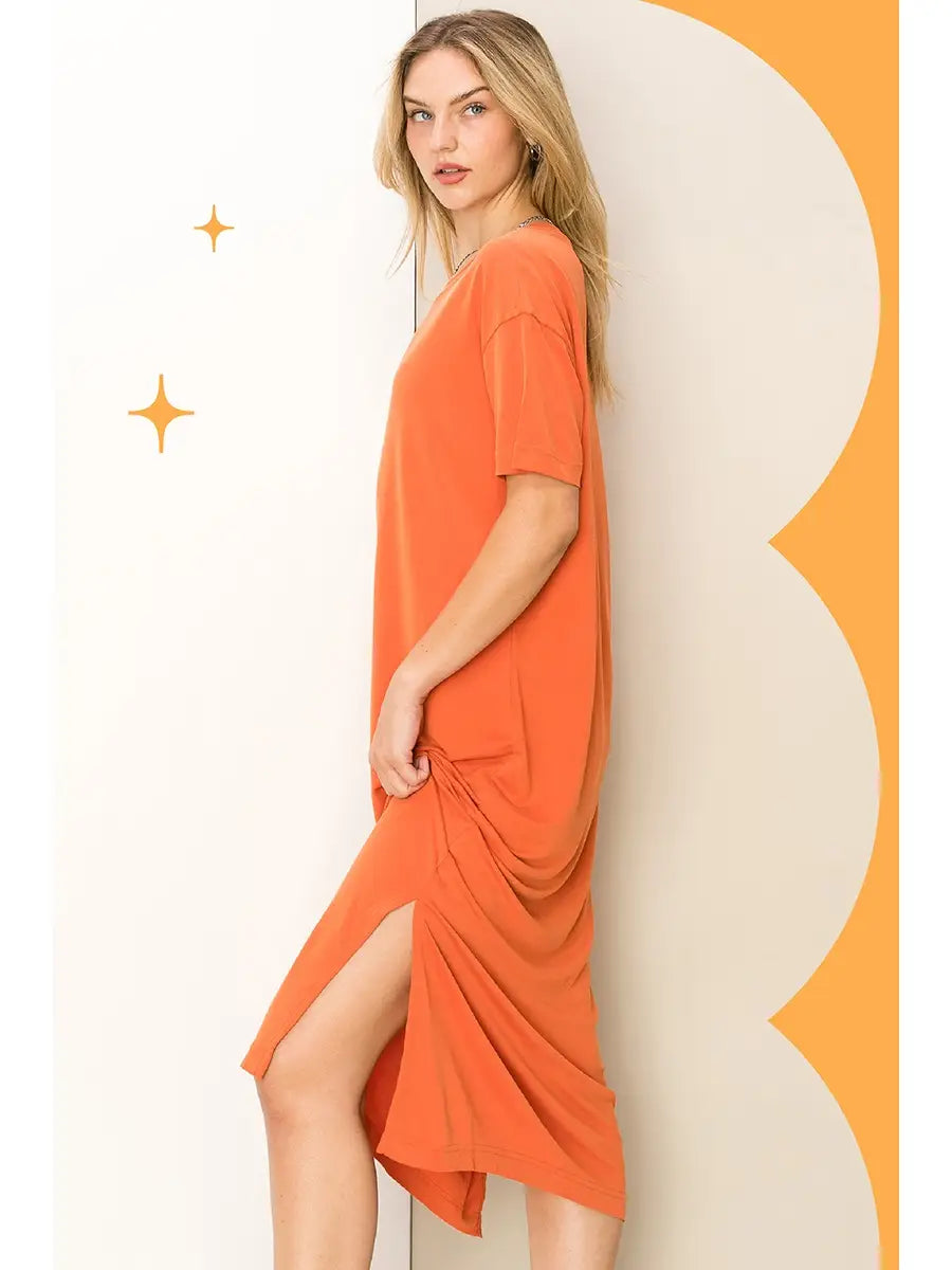 Side Slit Midi Dress in Burnt Ochre Comfortable Draped Midi Dress