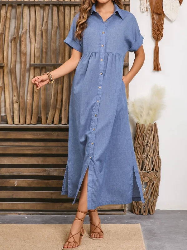 Blue Zone Planet |  Slit Collared Neck Short Sleeve Midi Dress Fashionable Pencil Midi Dress