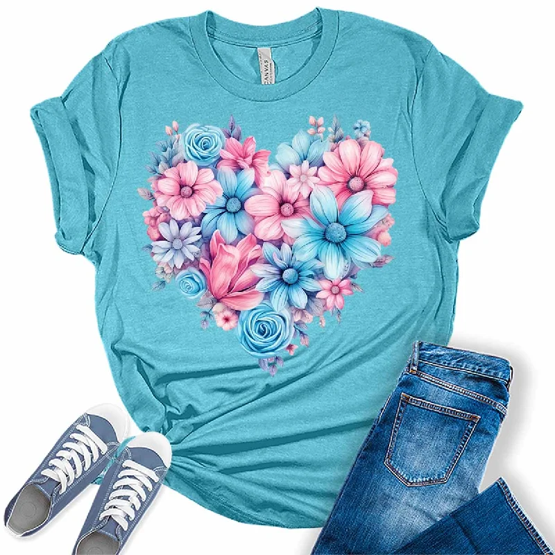 Spring Floral Blue and Pink Summer Flowers Womens Graphic Tees Machine Wash Dry Clean Hand Wash