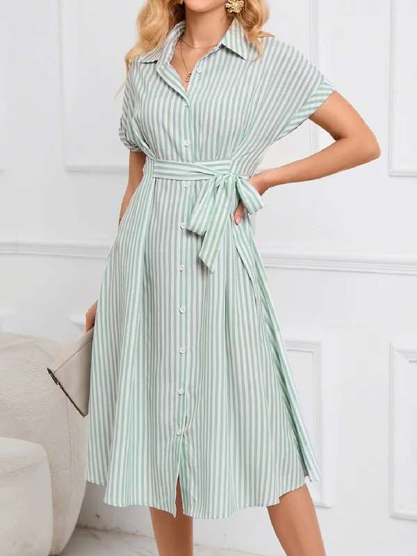 Striped Short Sleeve Tie Waist Midi Dress Trendy Off-Shoulder Button Midi Dress