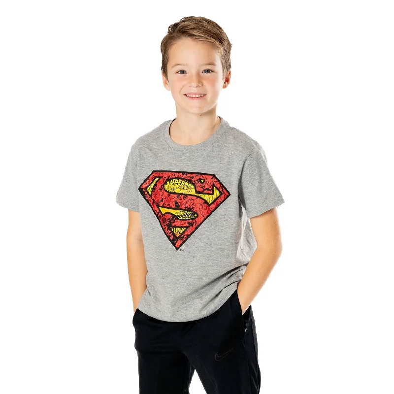 Superman Kids Grey Comic Strip Logo T-Shirt Graphic Embroidered Appliqued